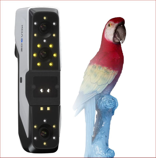 Handheld 3DeVOK MT 3D scanner next to a colorful parrot model scan example