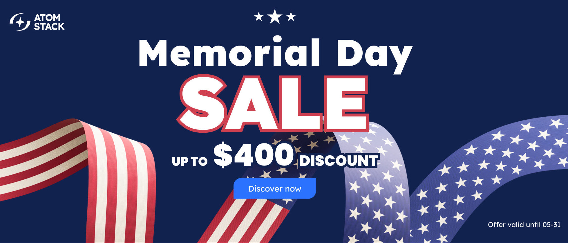 Memorial Day sale advertisement with American flags and discount offer on a blue background.